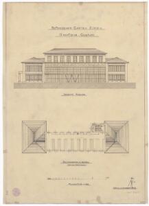 Botanischer Garten, Direktionsgebäude: Aufbau eines neuen Stockwerks für ein Herbarium; Vorderansicht des Gebäudes und Grundriss des Daches mit Aufbau