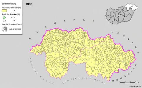 Siedlungsgebiet der Slowaken nach dem Nachbarschaftsindex für Nordost-Ungarn 1941