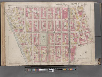 Jersey City, V. 1, Double Page Plate No. 2 [Map bounded by Monmouth St., 2nd St., Erie St., Grove St., Morris Canal] / compiled under the direction of and published by G.M. Hopkins Co.