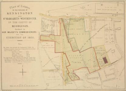 Plan of Estates IN THE PARISHES OF KENSINGTON AND ST MARGARET'S WESTMINSTER IN THE COUNTY OF MIDDLESEX Purchased by HER MAJESTY'S COMMISSIONERS for the EXHIBITION OF 1851.