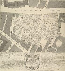 Plan of all the Houses destroyed and damaged by the GREAT FIRE which began in Exchange Alley Cornhill, on Friday March 25, 1748.