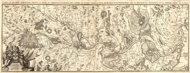 Carte de Quelques Fortresses situees au Bord du Rhin dans la quelle sont compris les Lignes Imperes de Buhl, de Hagenau et de Weissenburg, avec la Bataille de Hunningue, et le dernièr Siège de Landau