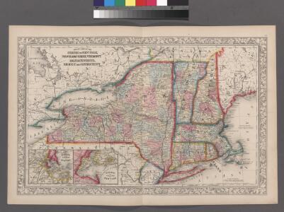 County map of the States of New York, New Hampshire, Vermont, Massachusetts, Rhode Island and Connecticut ; Harbor and vicinity of New York [inset]; Harbor and vicinity of Boston [inset].