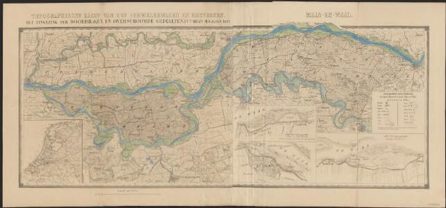 Topographische kaart van den Bommelerwaard en omstreken, met aanwyzing der doorbraken en overstroomde gedeelten in  ́t begin des jaars 1861.