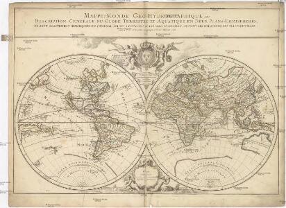 Mappe-monde geo-hydrographique, ou description generale du globe terrestre et aquatique, en deux plans-hemispheres