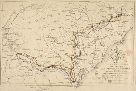 Map showing Route of Marches of the Army of Genl. W. T. Sherman from Atlanta, Ga. to Goldsboro, N. C. [Scale,] 50 st. miles[= 40 mm]