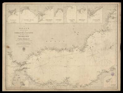Spain, South coast form Gibraltar to Alicante, and north coast of Barbary to cape Ferrat, from Spanish authorities, with corrections by Capt. W.H.Smyth. The north coast of Africa is from French surveys of 1833-55.