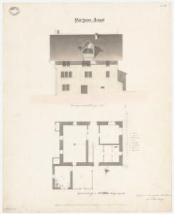Aeugst am Albis: Pfarrhaus; Ostansicht und Grundriss des Erdgeschosses (Nr. 5)