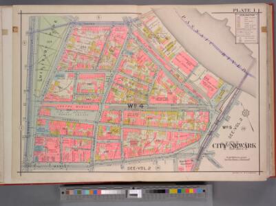 Newark, V. 1, Double Page Plate No. 1 [Map bounded by Centre St., Passaic River, Market St., Broad St.] / by J.M. Lathrop and L.J.G. Ogden ; assisted by E. Robinson and G.M. Monroe.