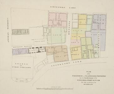 PLAN of the FREEHOLD and LEASEHOLD ESTATES late the Establishment of the GENERAL-POST OFFICE for the Sale in 14 Lots by Mr HOGGART
