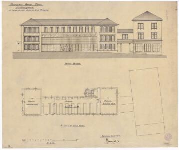 Botanischer Garten, Direktionsgebäude: Aufbau eines neuen Stockwerks für ein Herbarium; Vorderansicht des Gebäudes und Grundriss des neuen Stockwerks