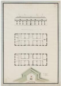 Zürich: Alte Kaserne in der Schanze, vor der Erweiterung; Situationsplan, Ansicht und Grundrisse (Nr. 18, Tab. III)