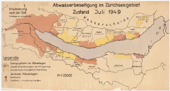 Gemeinden am Zürichsee: Bestehende und projektierte Abwasserreinigungsanlagen, Zustand Juli 1949; Übersichtskarte