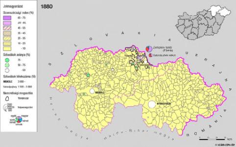 A szlovákok településterülete a szomszédsági mutató alapján Északkelet-Magyarországon 1880-ban