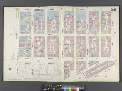 Manhattan, V. 1, Double Page Plate No. 24 1/2 [Map bounded by Grand St., Essex St., Rutgers St., E. Broadway, Pike St., Canal St., Bowery]