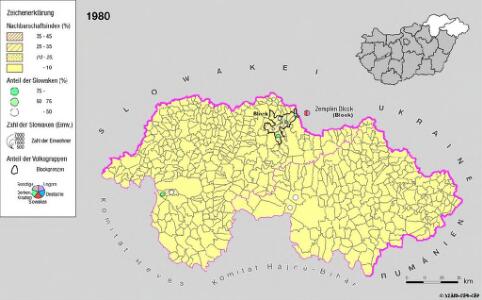 Siedlungsgebiet der Slowaken nach dem Nachbarschaftsindex für Nordost-Ungarn 1980